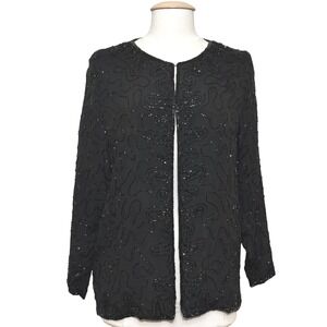 VTG Gunit Womens Top PL Petite Black Pure Silk Beaded Jacket Evening Holiday